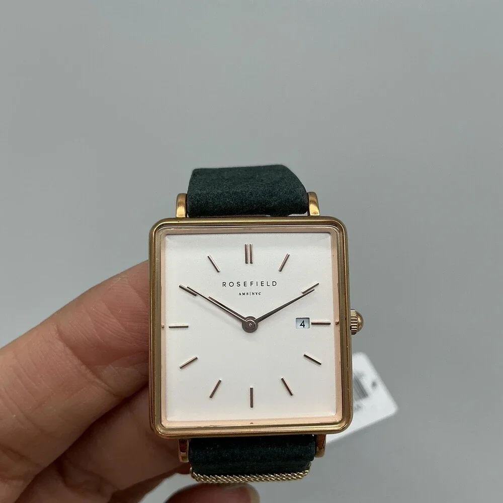 Rosefield Womens Watch 26mm White Dial Rose Gold Green Leather Date Quartz